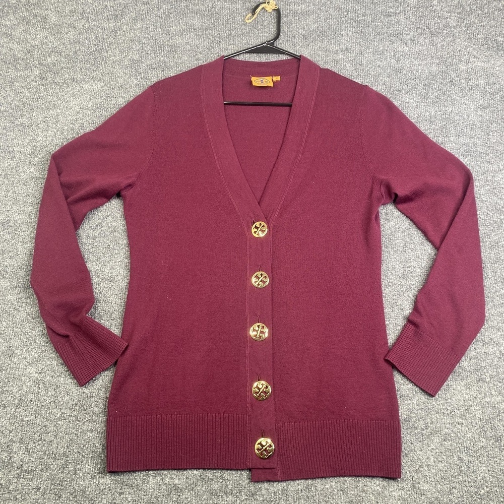 Tory Burch Cardigan Sweater Womens Medium Red Merino Wool V Neck Logo Buttons